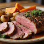 Juicy sliced top round roast served with roasted vegetables, a perfect and flavorful dish.