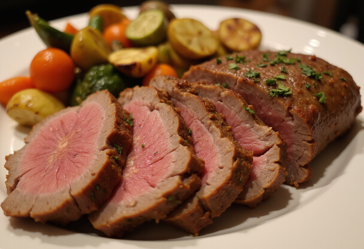 Juicy sliced top round roast served with roasted vegetables, a perfect and flavorful dish.