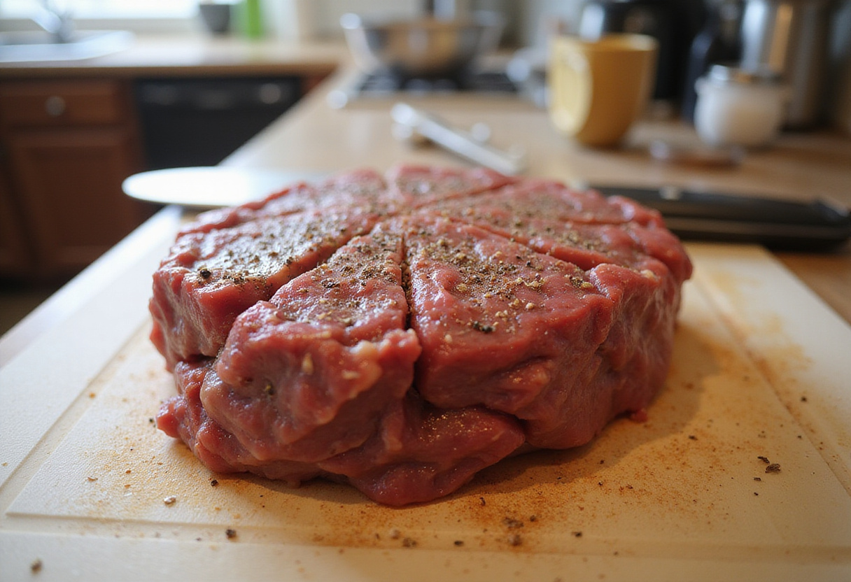 Seasoning a top round roast for a juicy roast recipe.