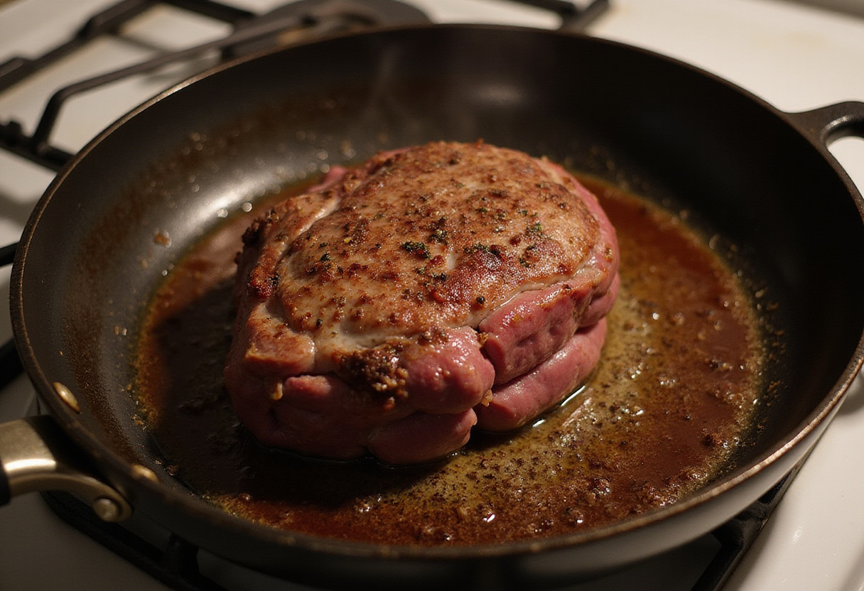 Searing top round roast in a skillet for optimal flavor and juiciness.
