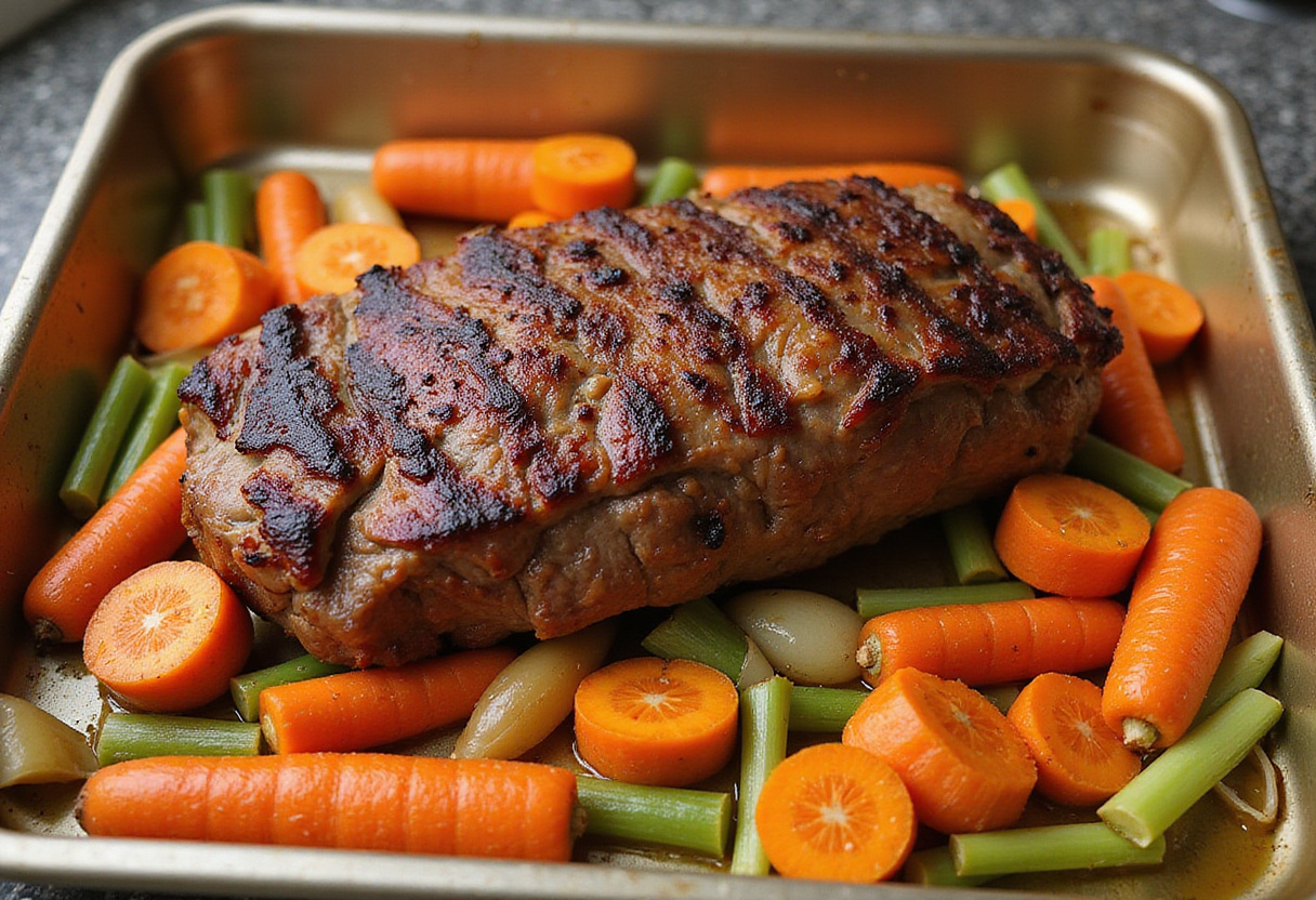 Top round roast in a roasting pan with vegetables ready for oven cooking.