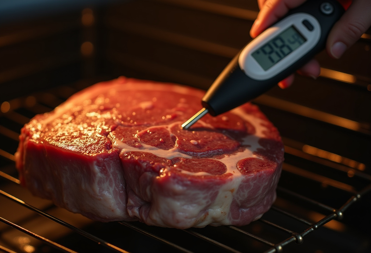 Monitoring the internal temperature of a top round roast with a meat thermometer while roasting.
