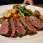 Deliciously cooked beef striploin steak with roasted vegetables, ready to eat.