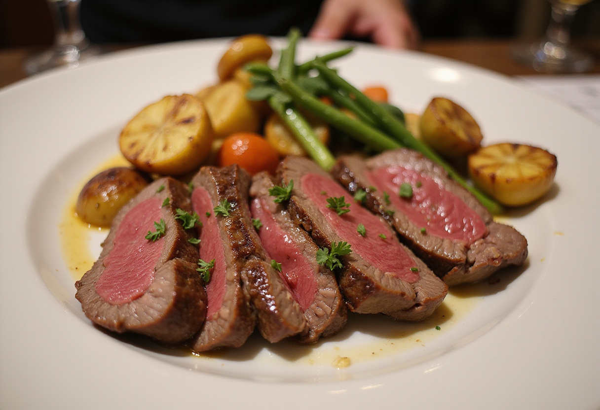 Deliciously cooked beef striploin steak with roasted vegetables, ready to eat.