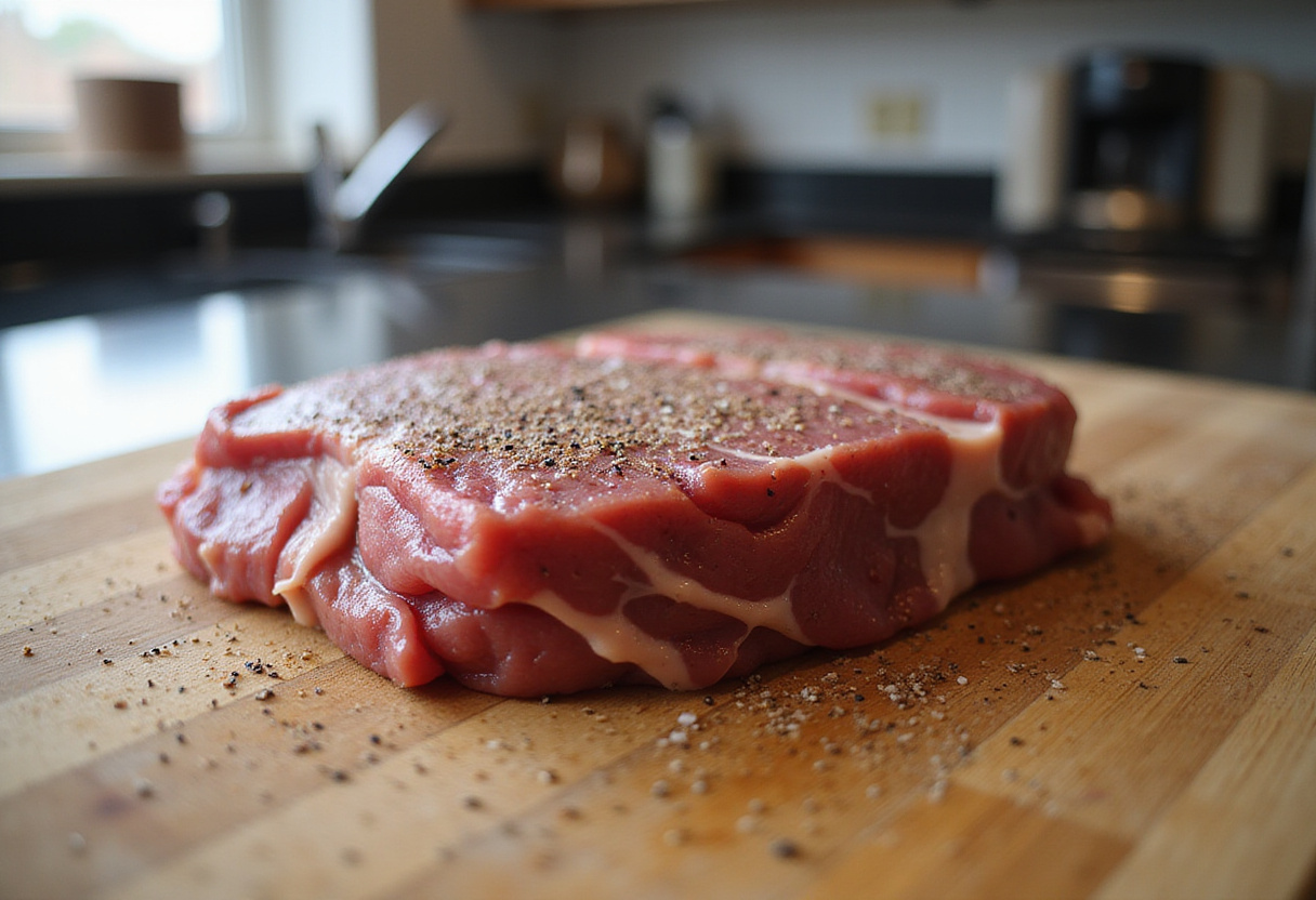 Raw beef striploin steak seasoned with salt and pepper ready to be cooked.