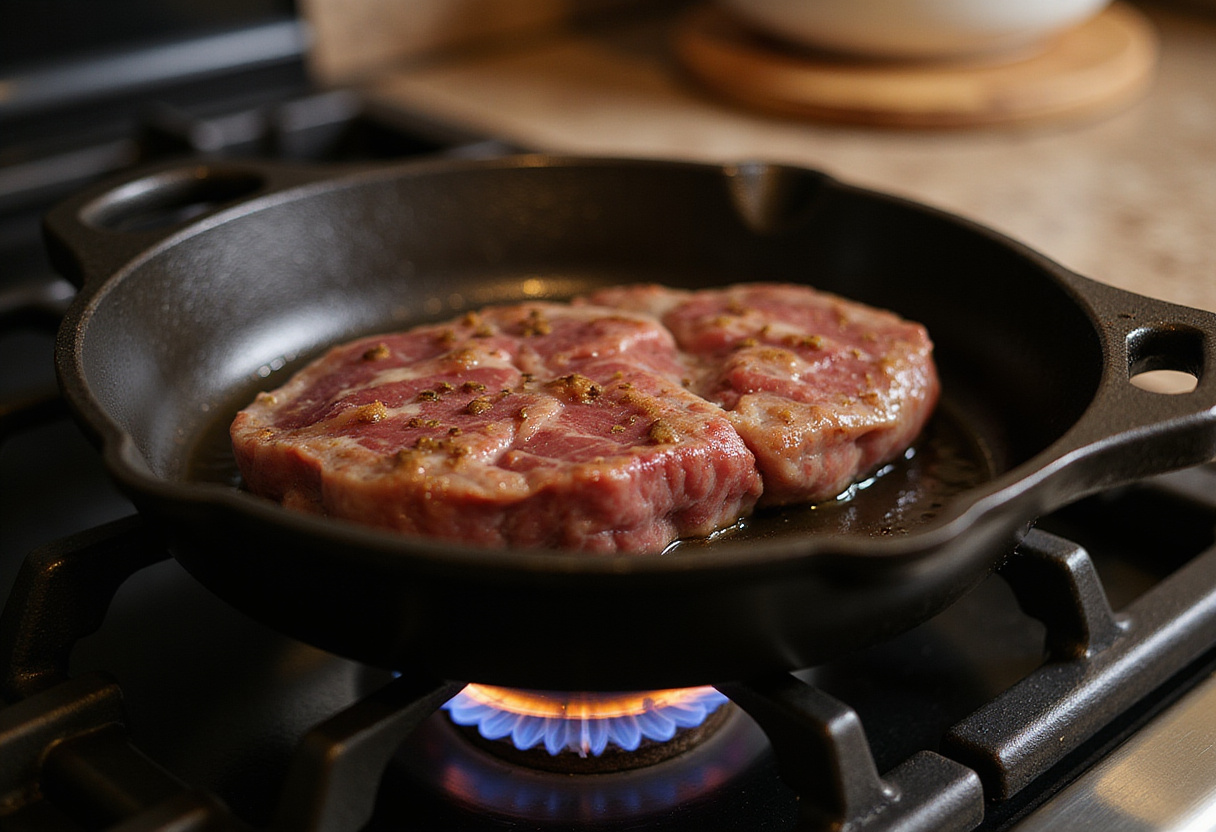 Cast-iron skillet heating up on a stove for cooking beef striploin steak.