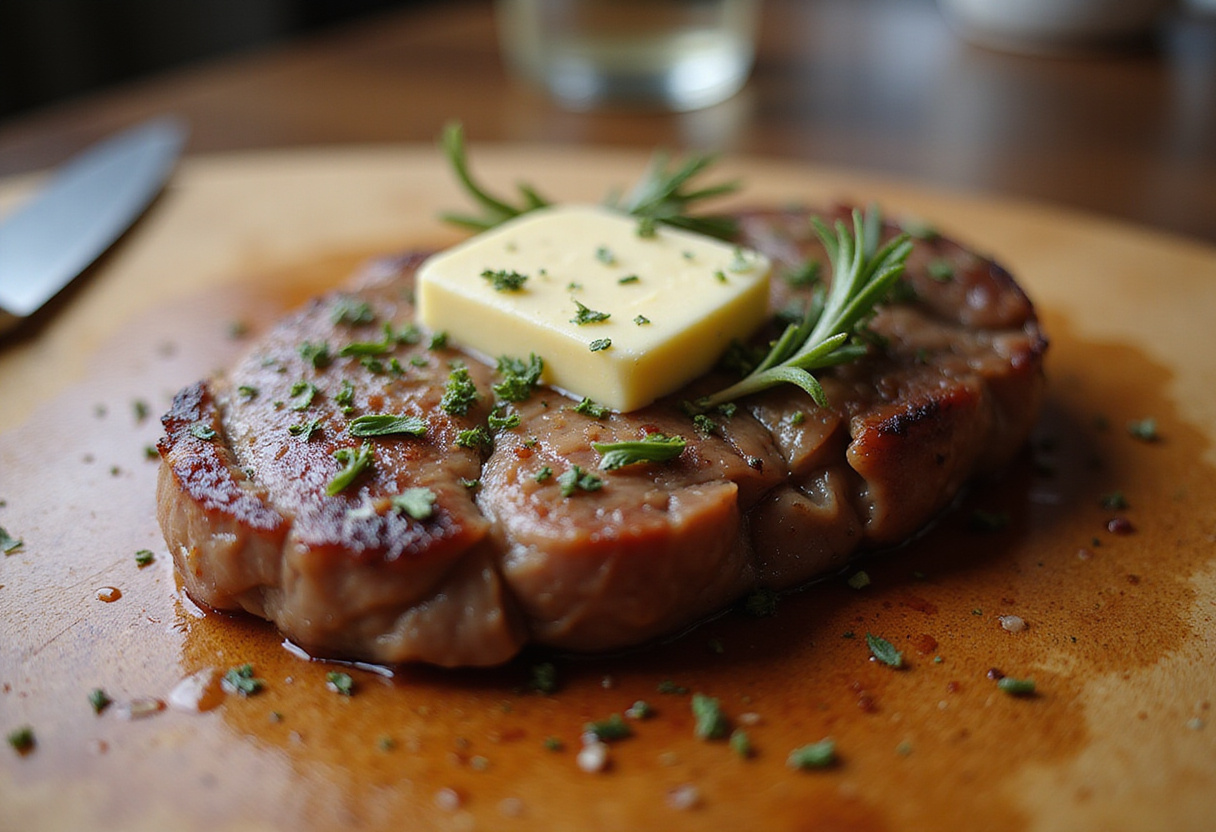Beef striploin steak resting with butter and herbs after cooking.