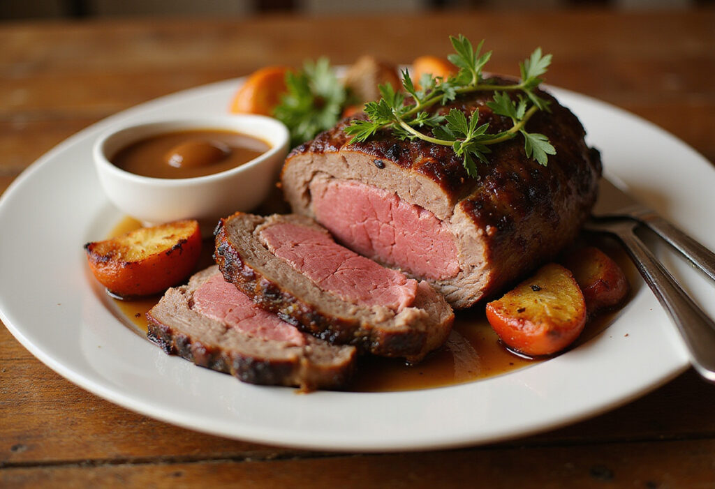 Delicious sliced bottom round roast with roasted vegetables and gravy.