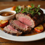 Delicious sliced bottom round roast with roasted vegetables and gravy.