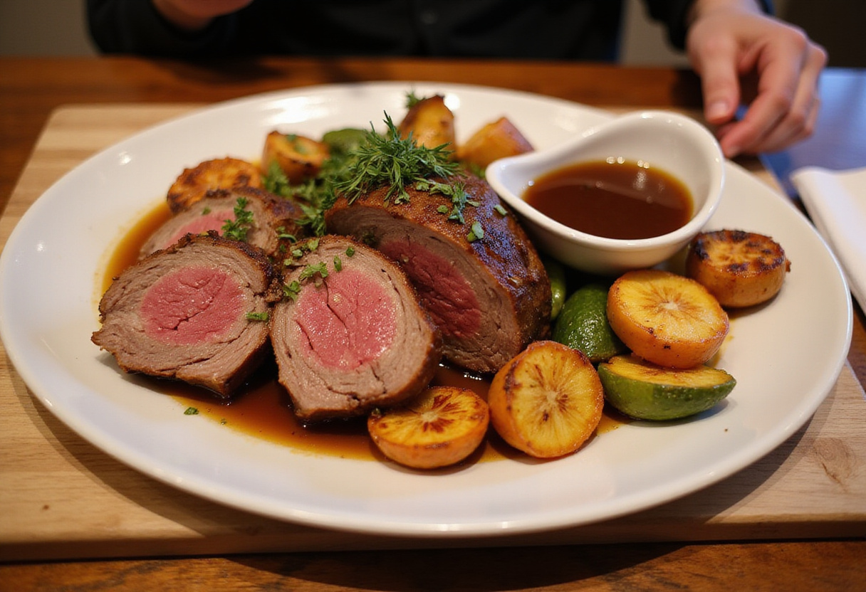 Delicious sliced bottom round roast with roasted vegetables and gravy.