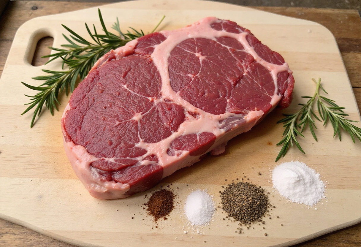 Raw bottom round roast with herbs and spices preparation.