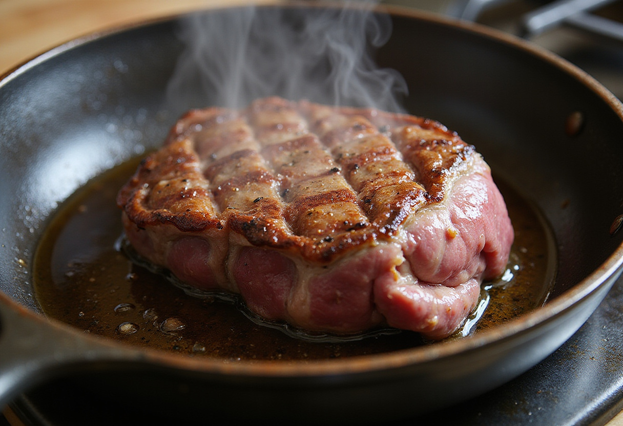 Searing a bottom round roast in a cast-iron skillet.