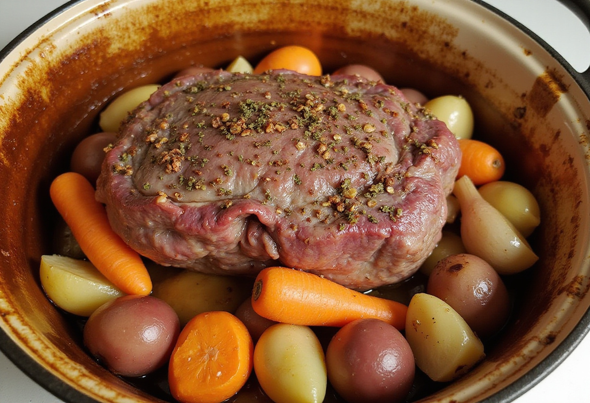 Bottom round roast surrounded by vegetables in a Dutch oven for braising.