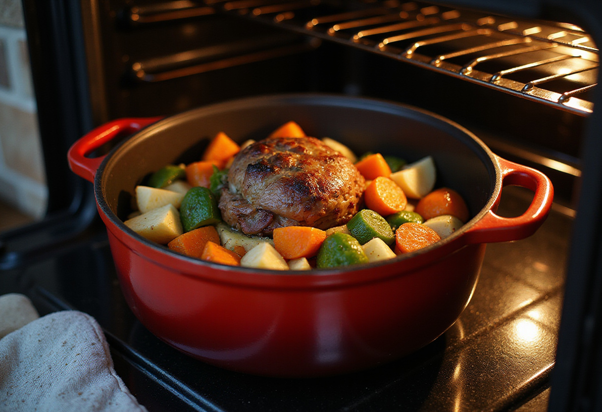 Bottom round roast and vegetables in a Dutch oven being placed in the oven.