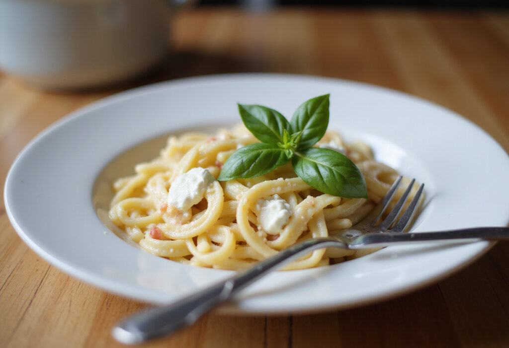 Bowl of cream cheese pasta garnished with basil, ready to eat.