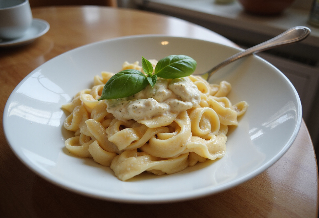 Bowl of cream cheese pasta garnished with basil, ready to eat.