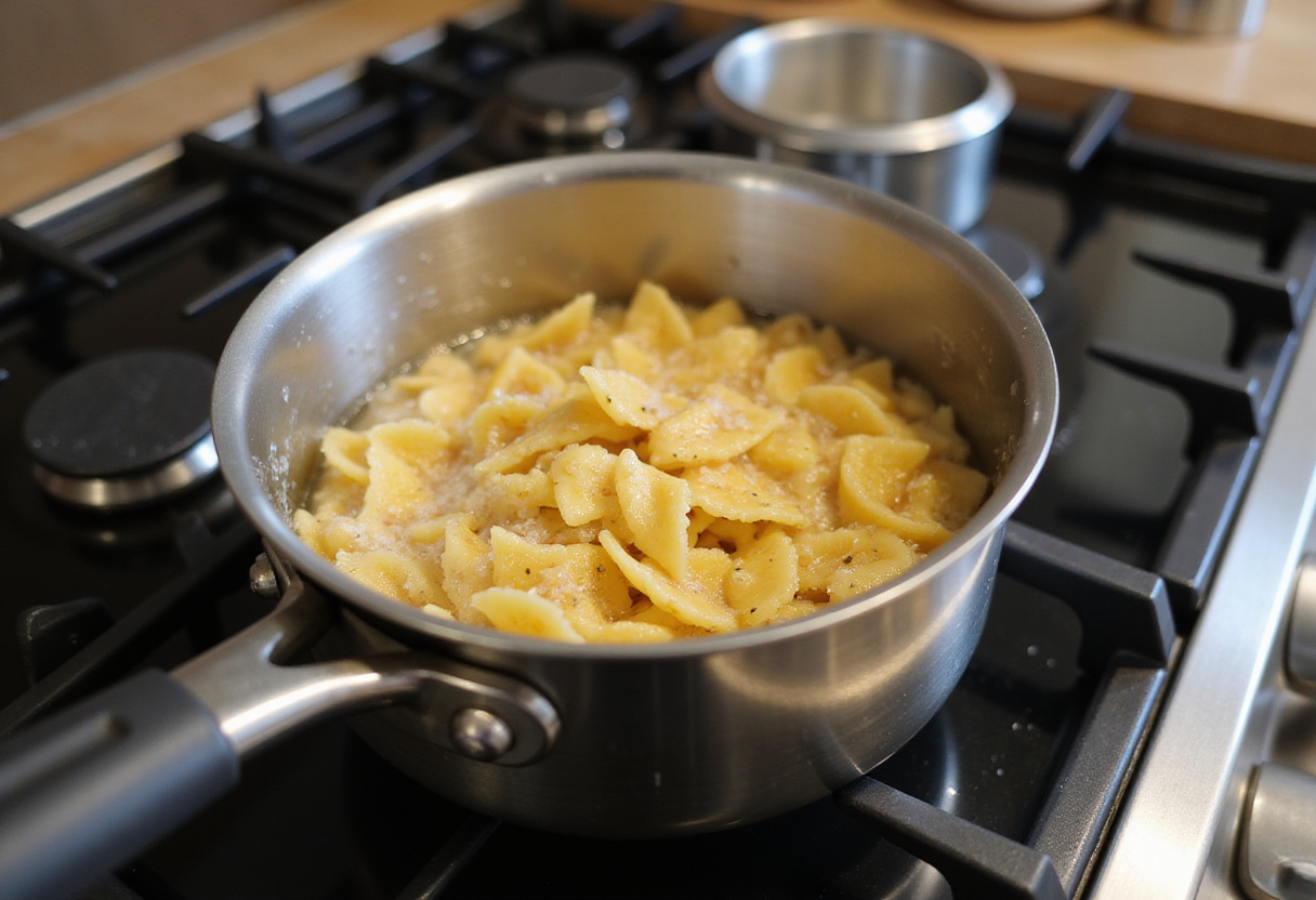 Pasta boiling in a pot for cream cheese pasta recipe.