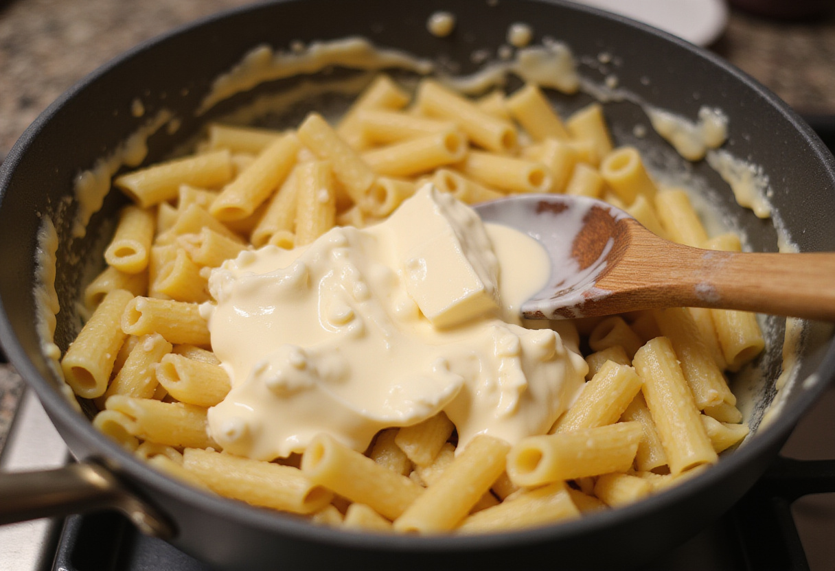 Cream cheese being mixed into pasta for cream cheese pasta recipe.