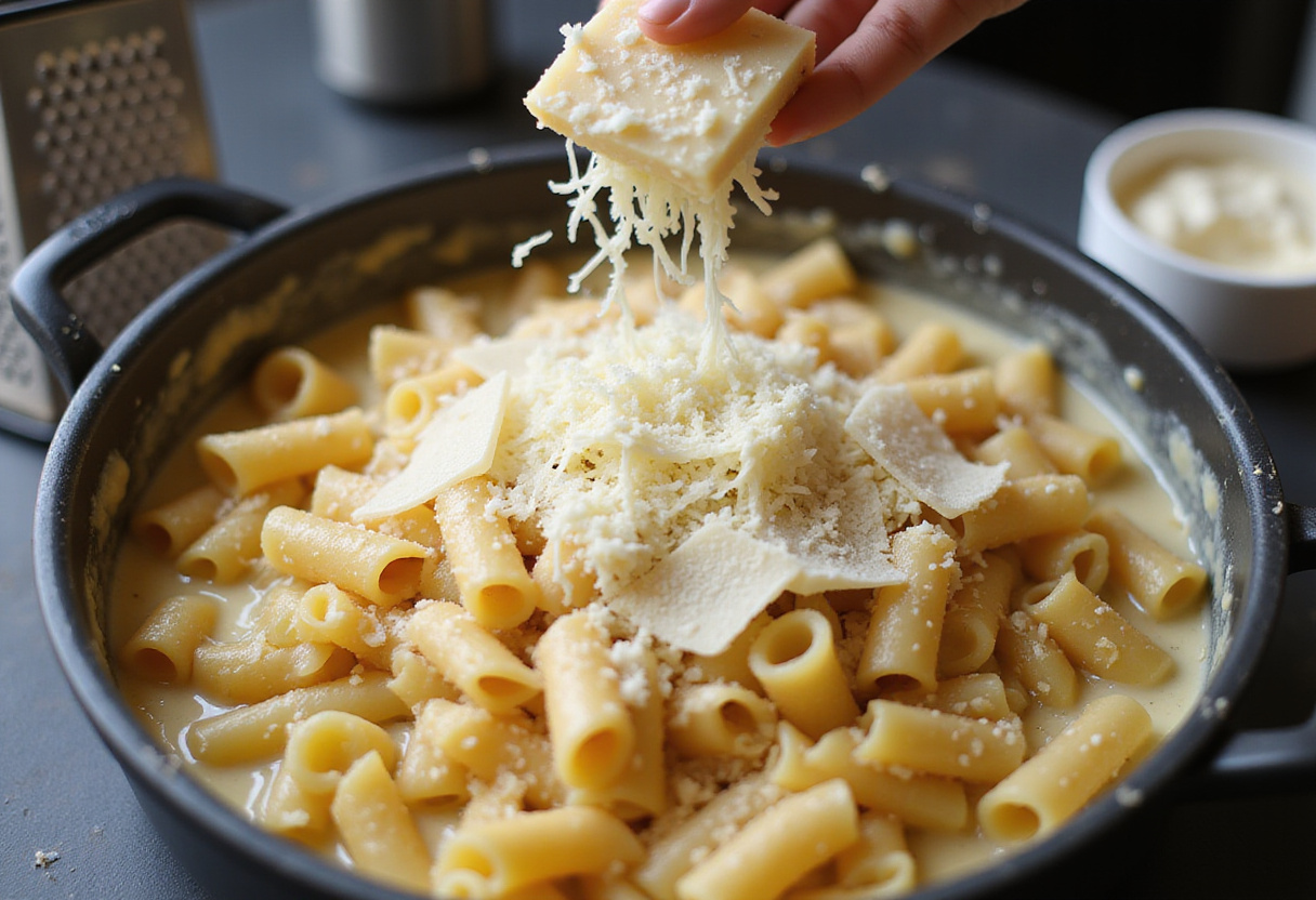 Parmesan cheese being added to pasta for cream cheese pasta recipe.
