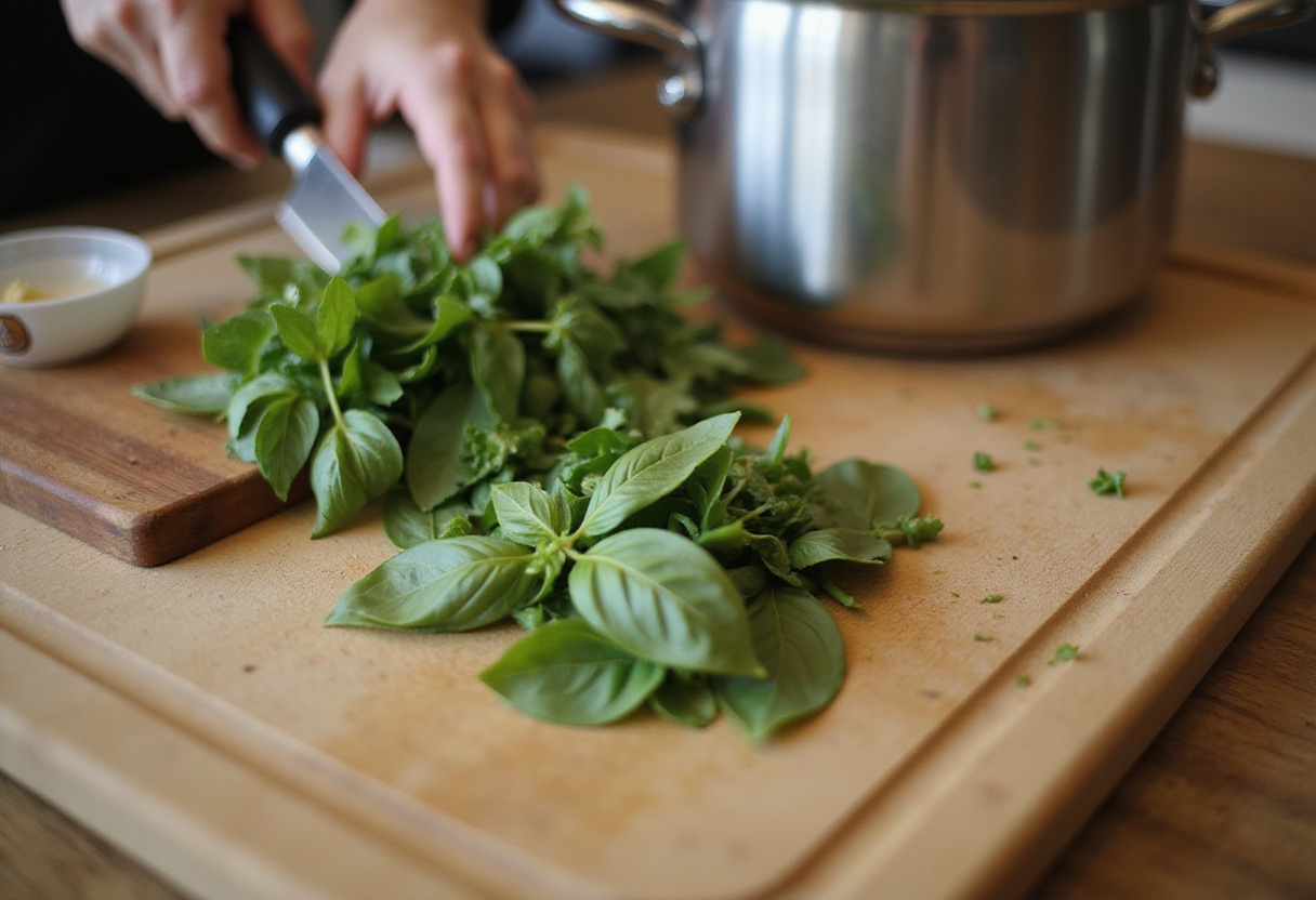 Fresh basil being chopped for cream cheese pasta recipe.
