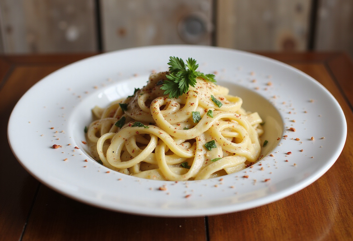 Delicious Boursin pasta with herbs and pepper flakes served in a bowl.