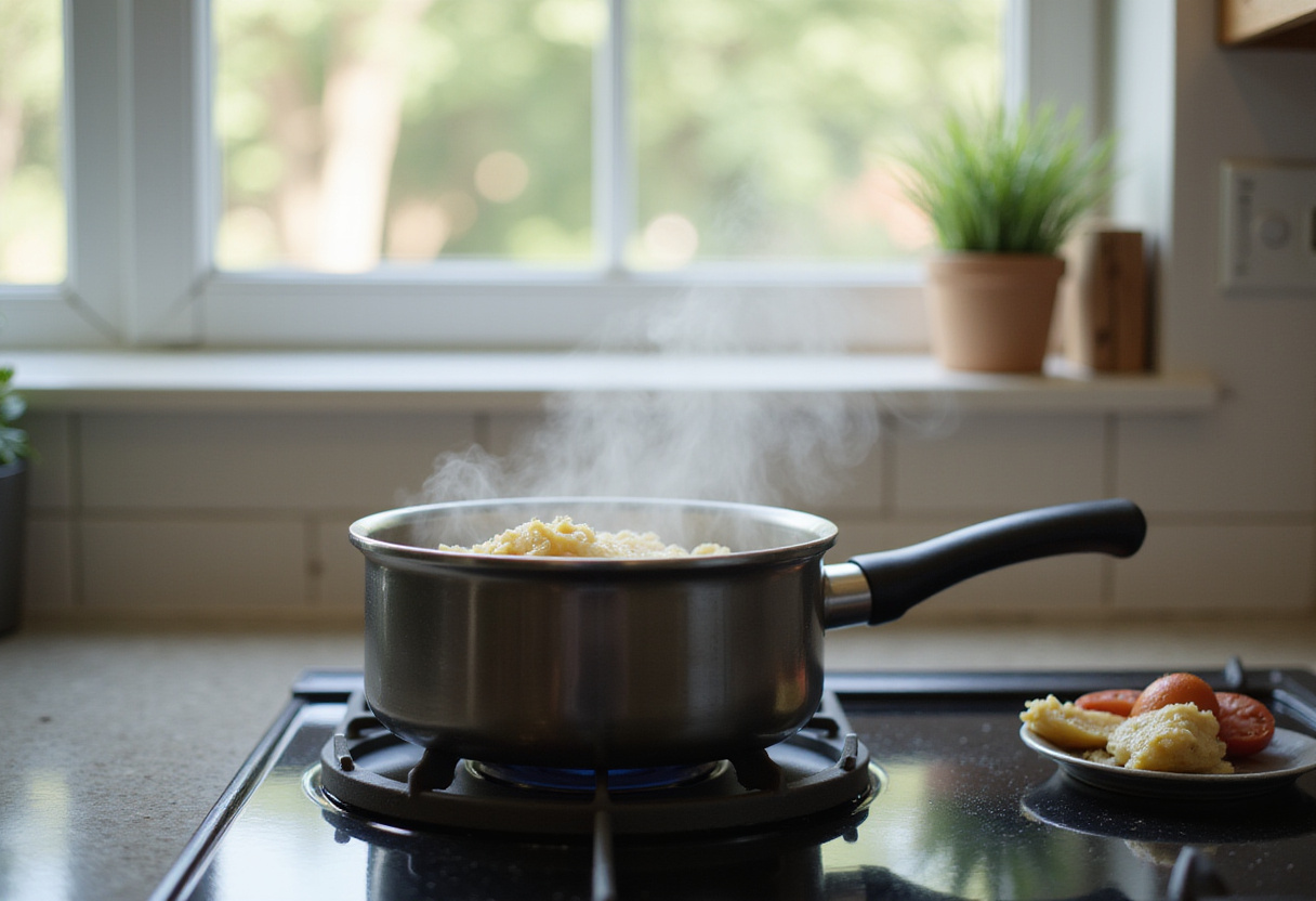 Boiling water in a pot for cooking pasta in Boursin pasta recipe.