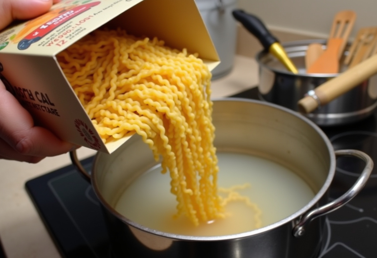 Dry pasta being added to boiling water for Boursin pasta.