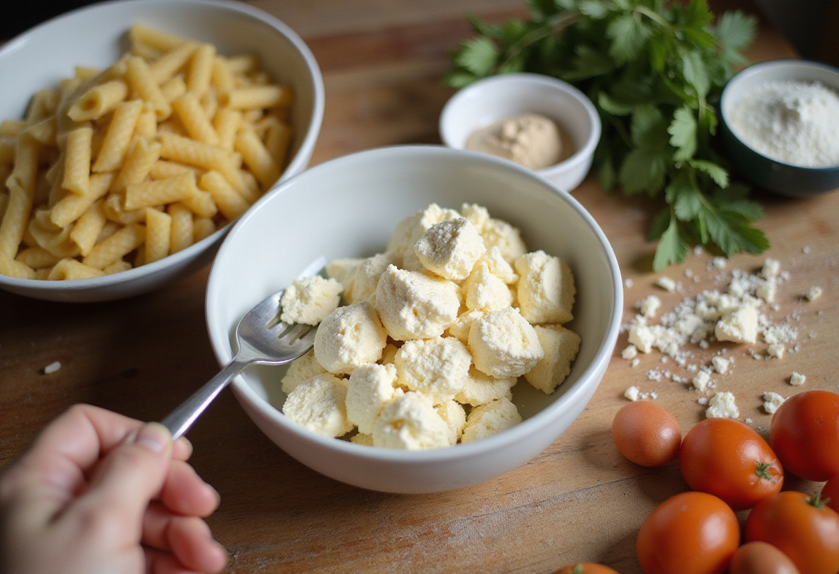 Boursin cheese being prepared with pasta and herbs for Boursin pasta.
