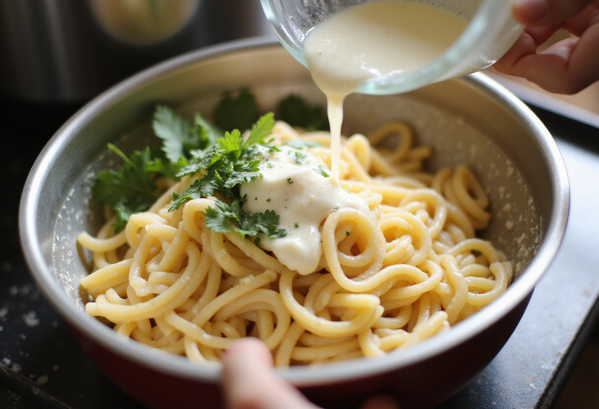 Mixing ingredients for Boursin pasta to create a creamy sauce.