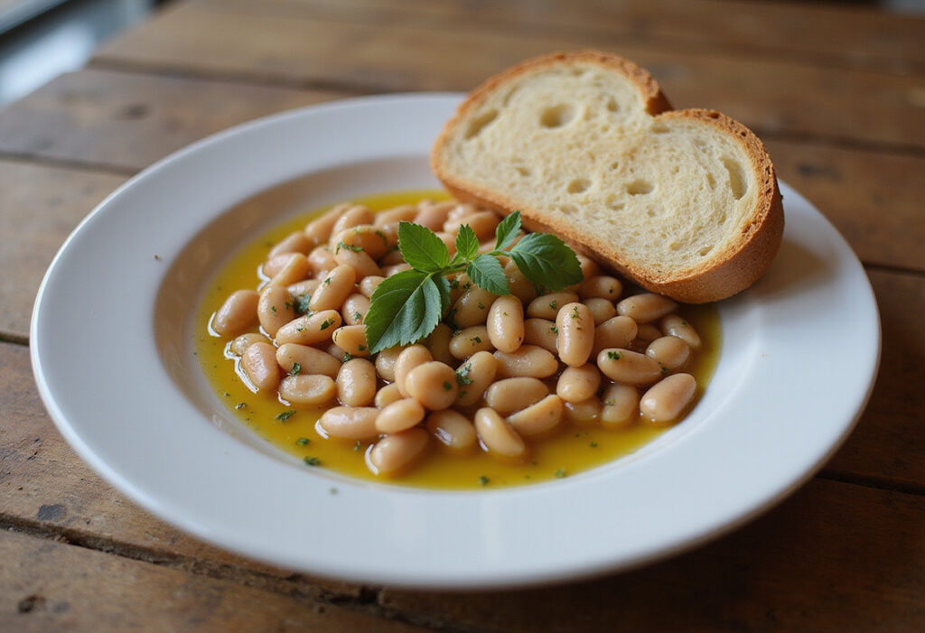 Finished butter bean recipe served with olive oil, herbs, and crusty bread.