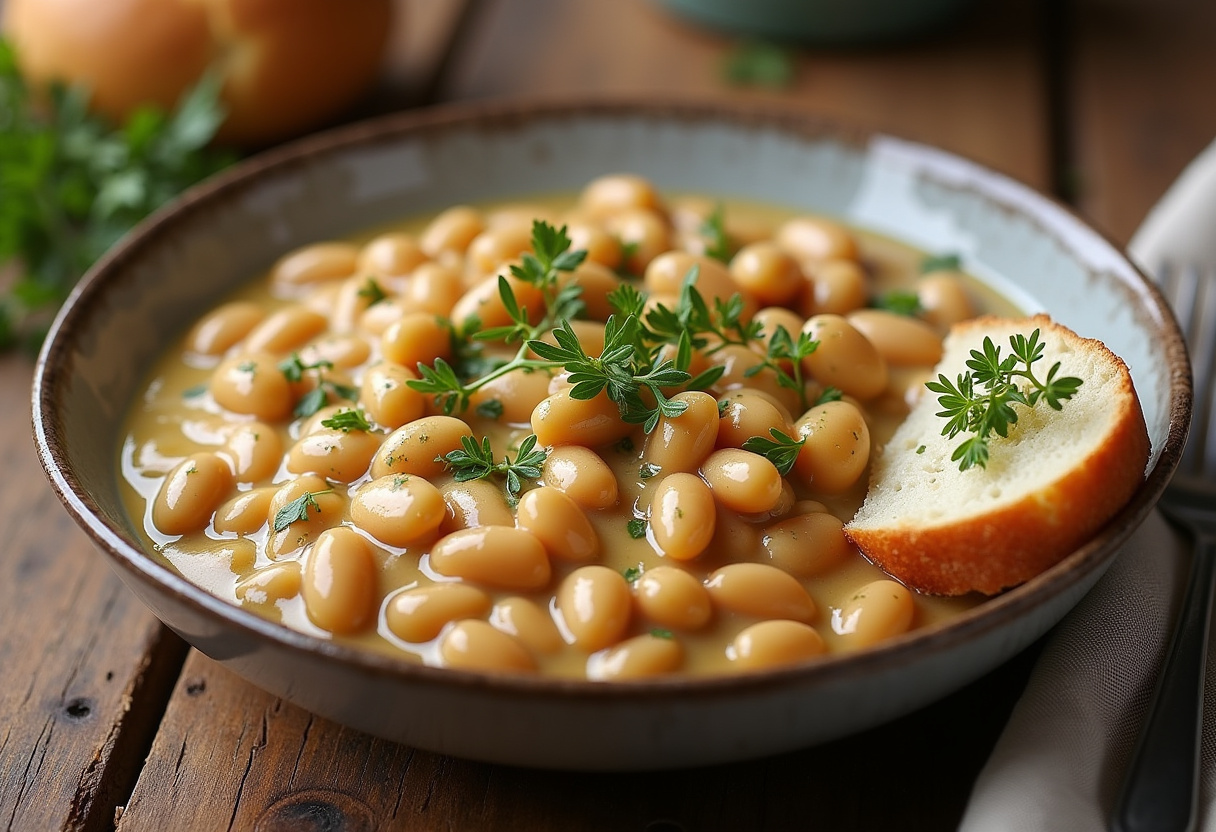 Finished butter bean recipe served with olive oil, herbs, and crusty bread.