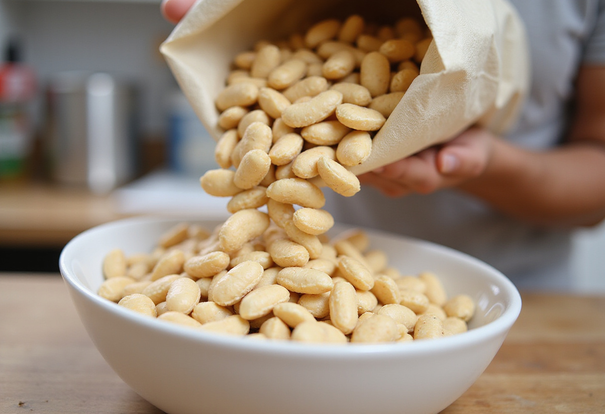 Dry butter beans being poured into a bowl for a delicious recipe.