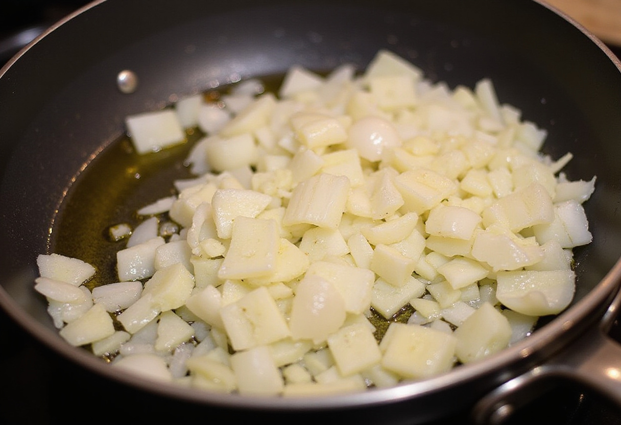 Sautéing onions and garlic for a flavorful butter bean dish.