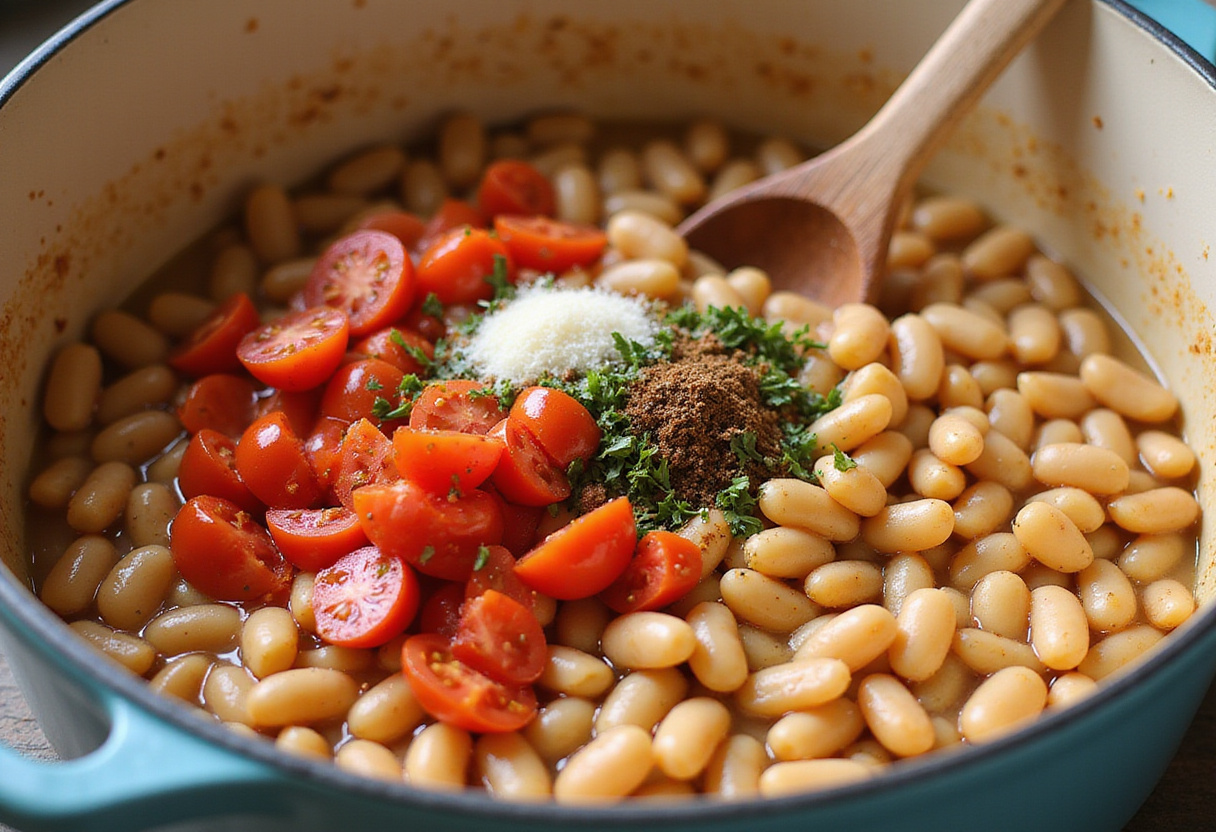 Adding tomatoes and spices to butter beans for enhanced flavor.