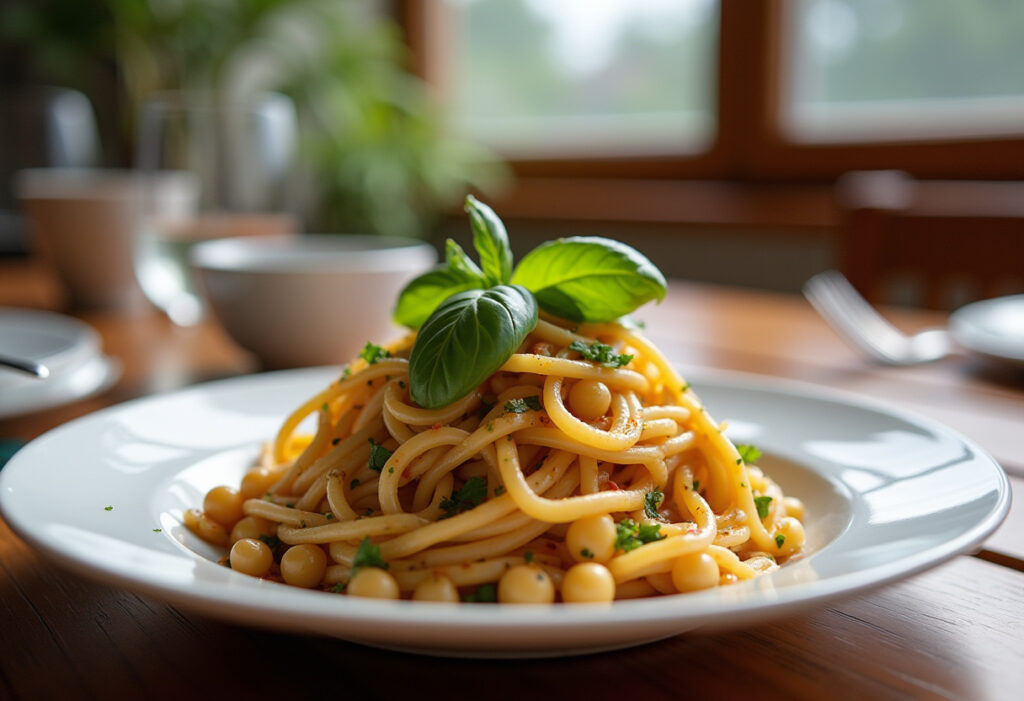 Delicious chickpea pasta with basil and olive oil, ready to eat.