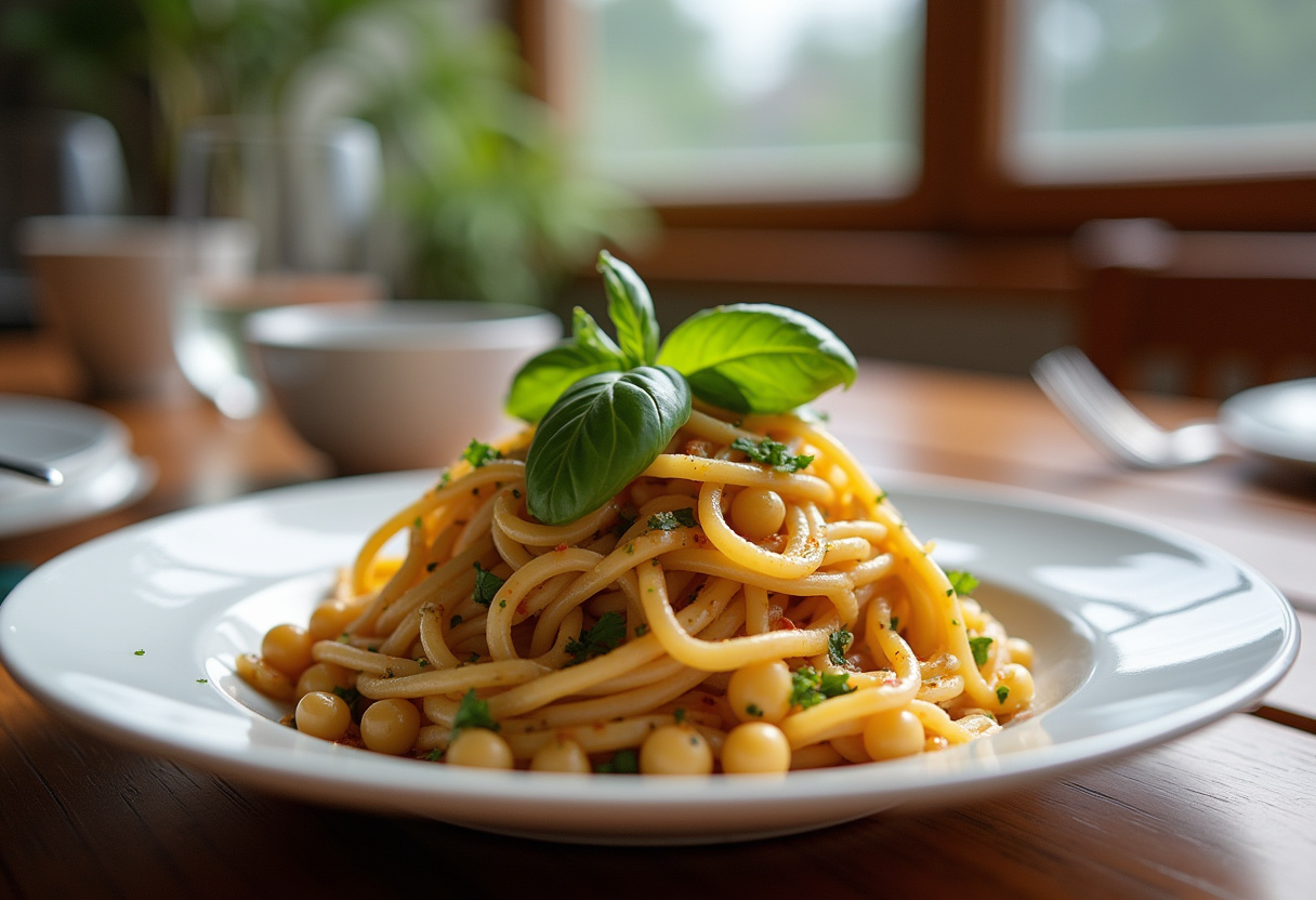 Delicious chickpea pasta with basil and olive oil, ready to eat.
