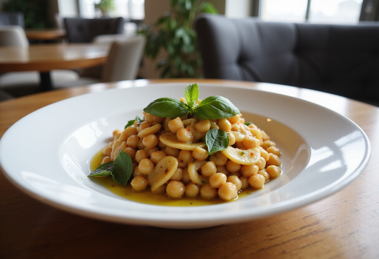 Delicious chickpea pasta with basil and olive oil, ready to eat.