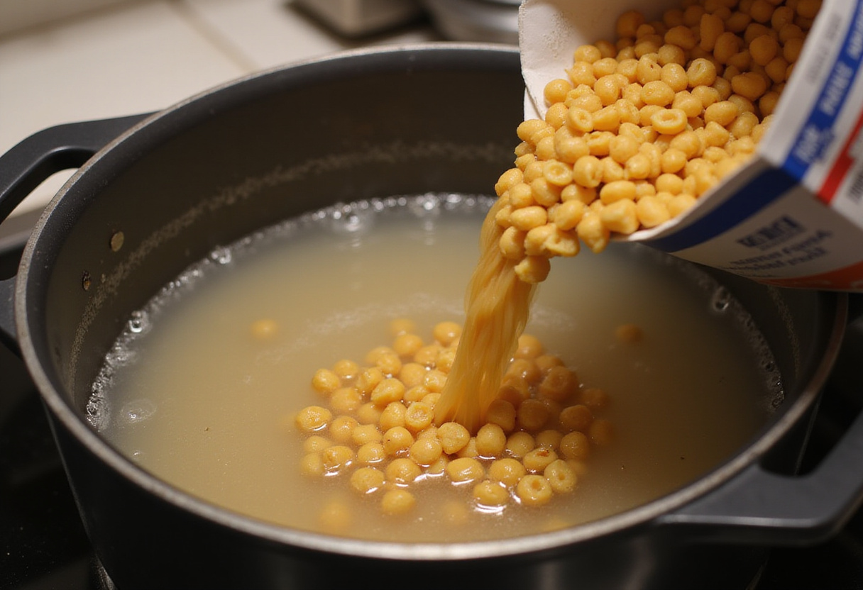 Chickpea pasta being cooked in boiling water for a healthy meal.