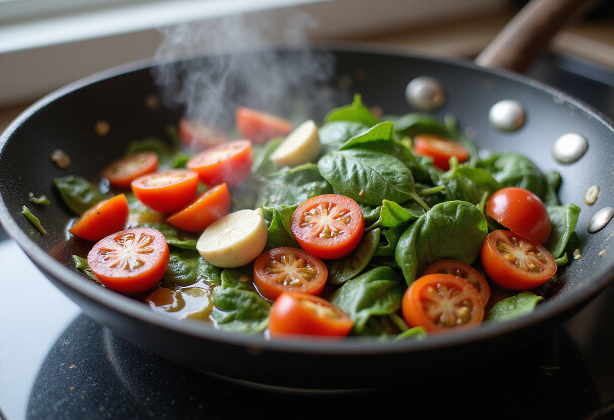 Cherry tomatoes, garlic, and spinach sautéing for a delicious chickpea pasta sauce.