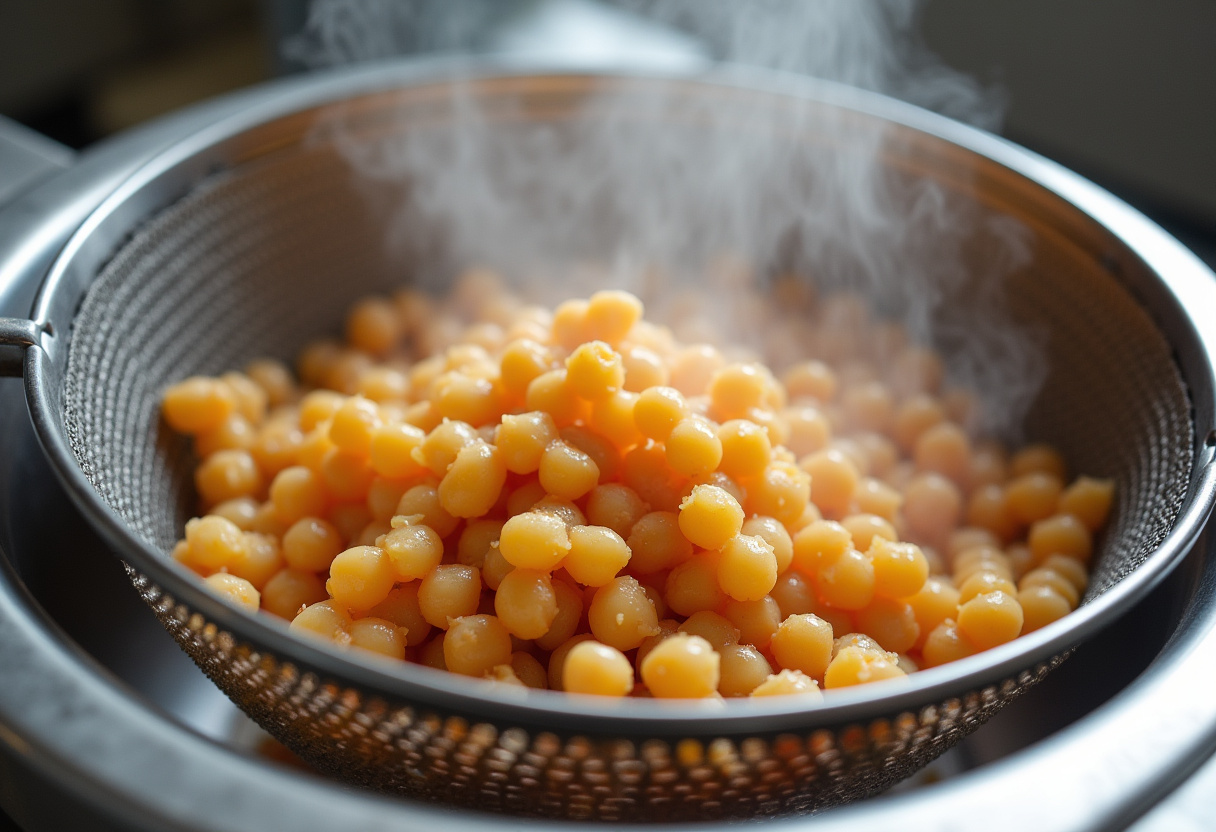 Draining cooked chickpea pasta in a colander.