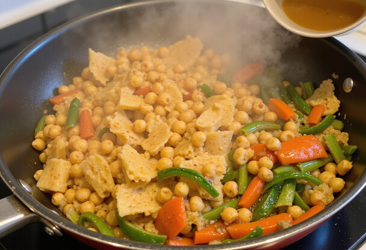 Tossing chickpea pasta with vegetables for a flavorful dish.