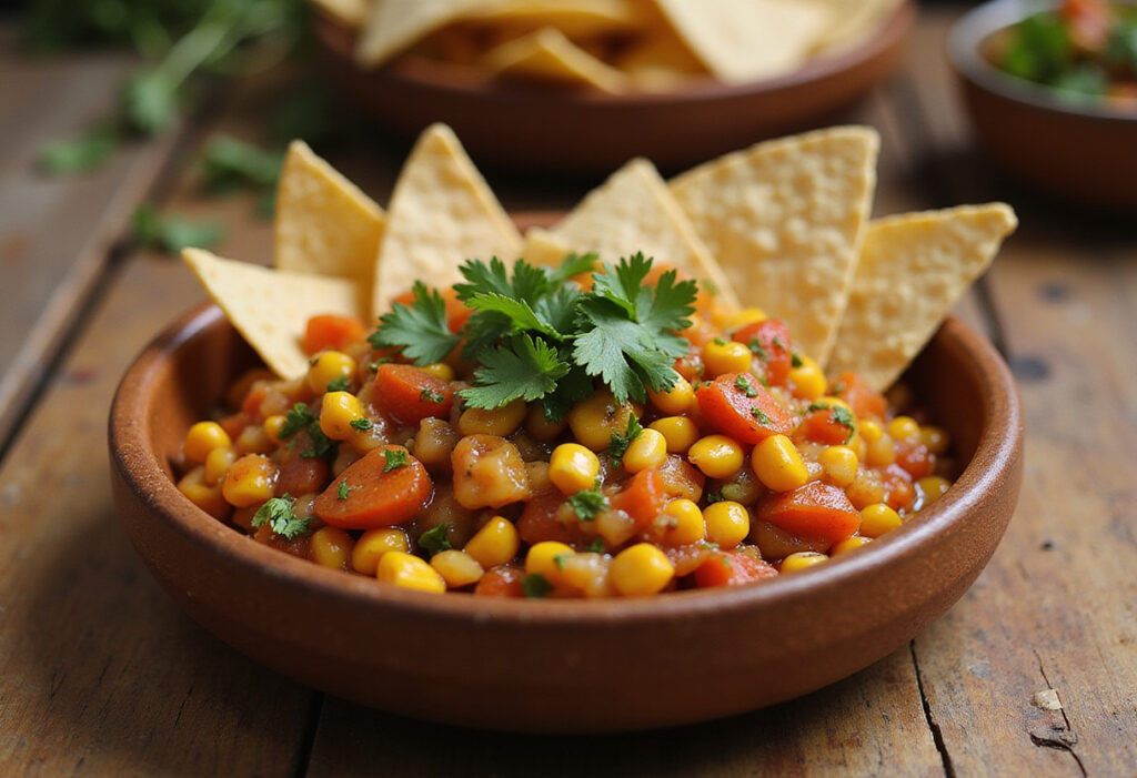 Freshly made chipotle corn salsa with tortilla chips, perfect for a party appetizer.