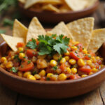 Freshly made chipotle corn salsa with tortilla chips, perfect for a party appetizer.