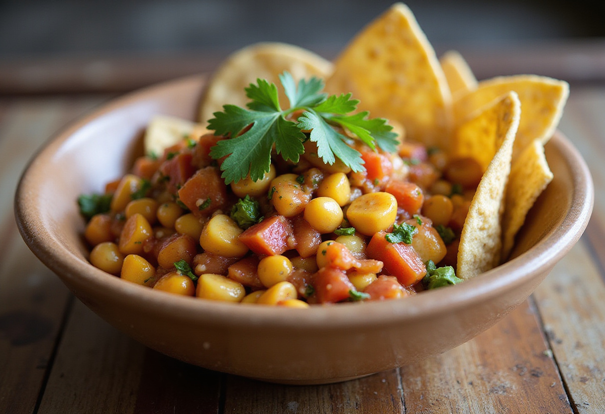 Freshly made chipotle corn salsa with tortilla chips, perfect for a party appetizer.