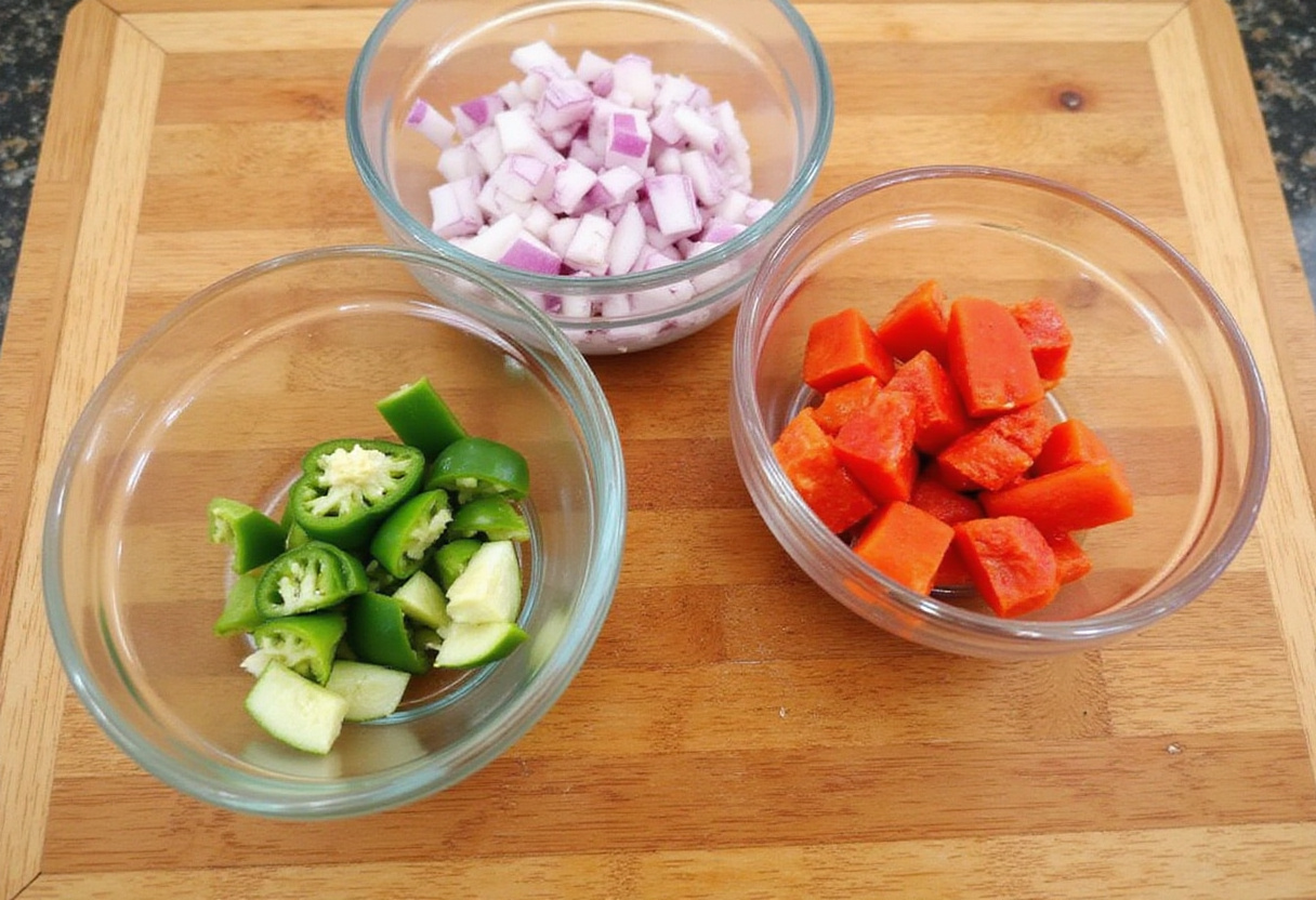 Preparing the ingredients for chipotle corn salsa: diced red onion, jalapeƱo, and red bell pepper.