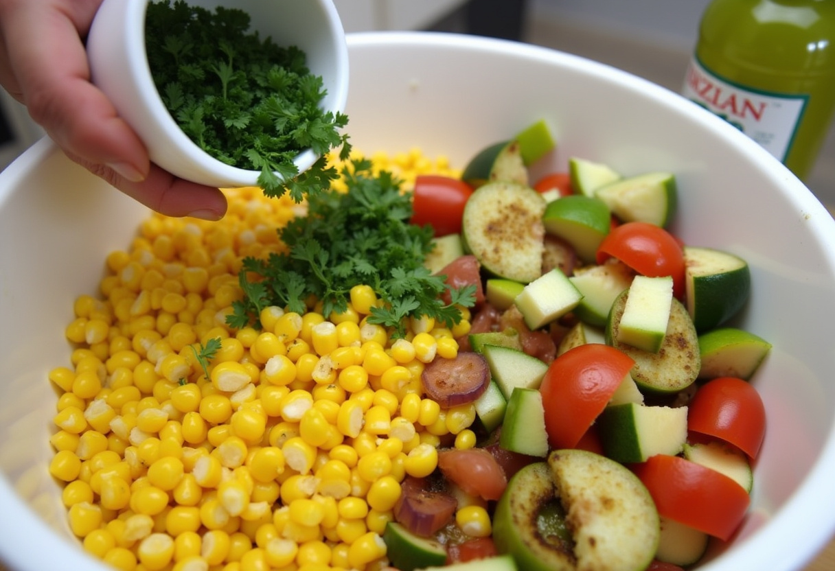 Combining grilled corn, diced vegetables, and fresh cilantro to make chipotle corn salsa.