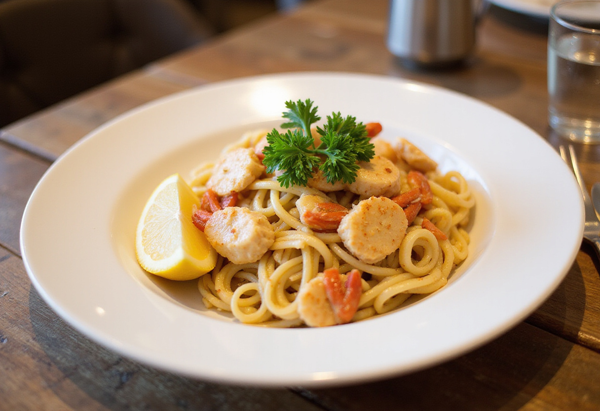 Delicious crab pasta with parsley and lemon, ready to eat.