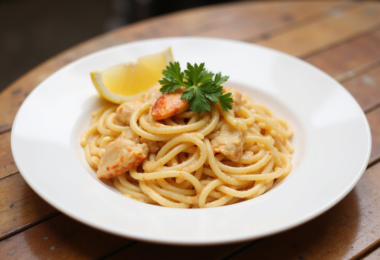 Delicious crab pasta with parsley and lemon, ready to eat.