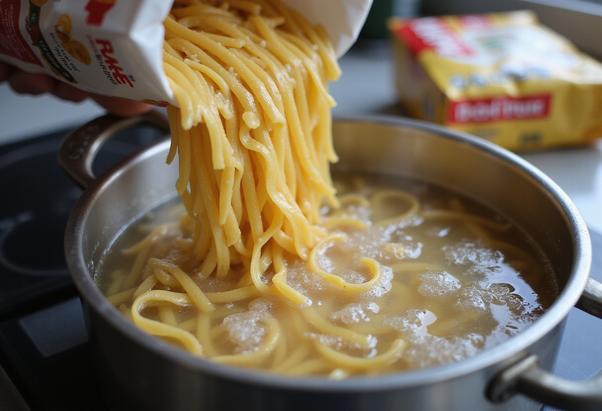 Cooking pasta for crab pasta dish.