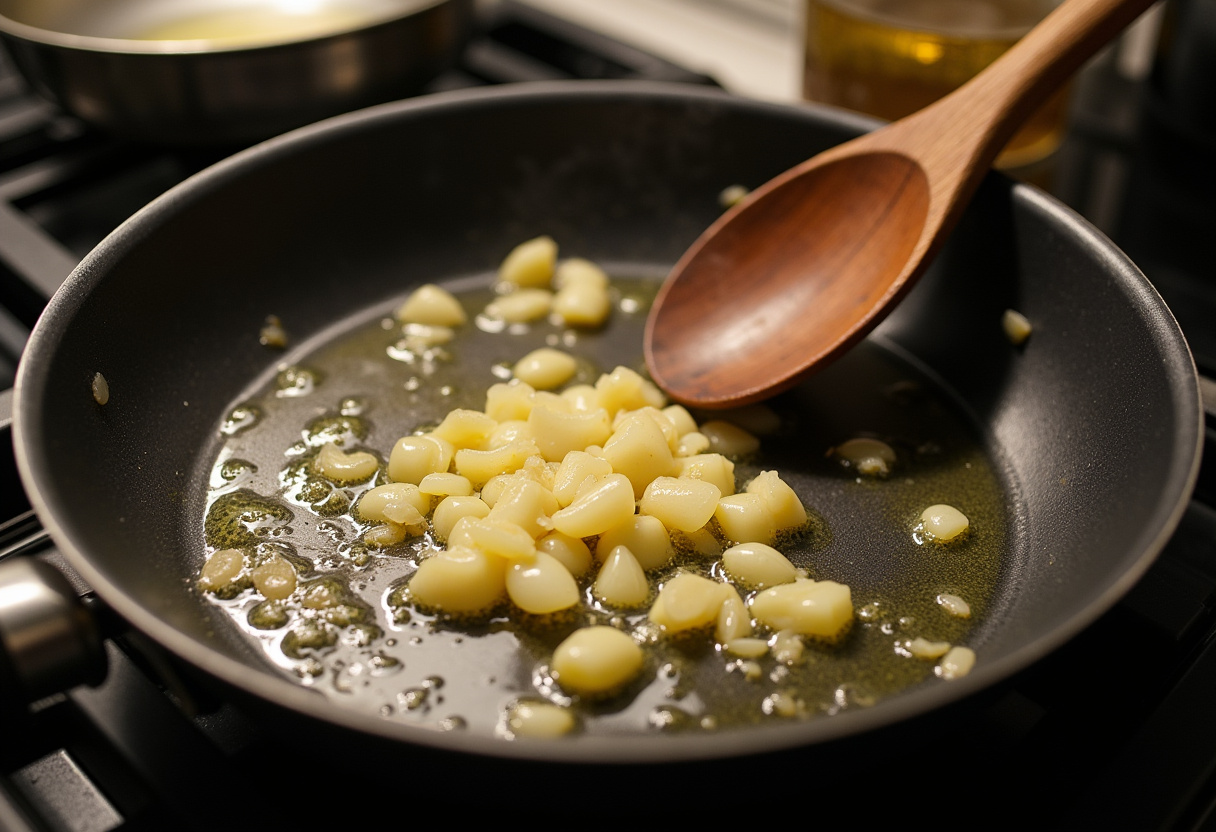 Sautéing garlic and shallots for crab pasta recipe.